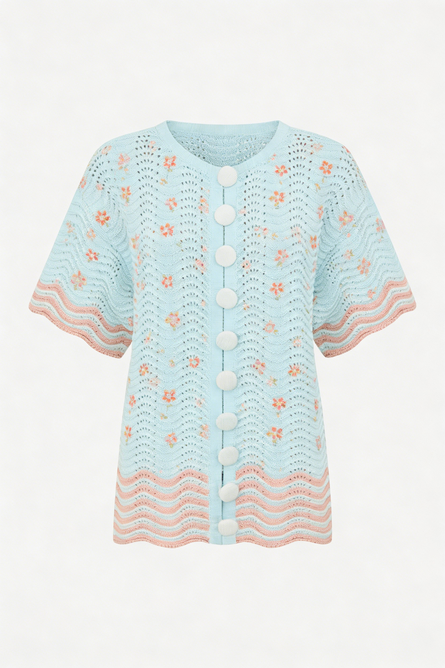 Light Blue Floral Wave Stripe Short Sleeve Knit Cardigan